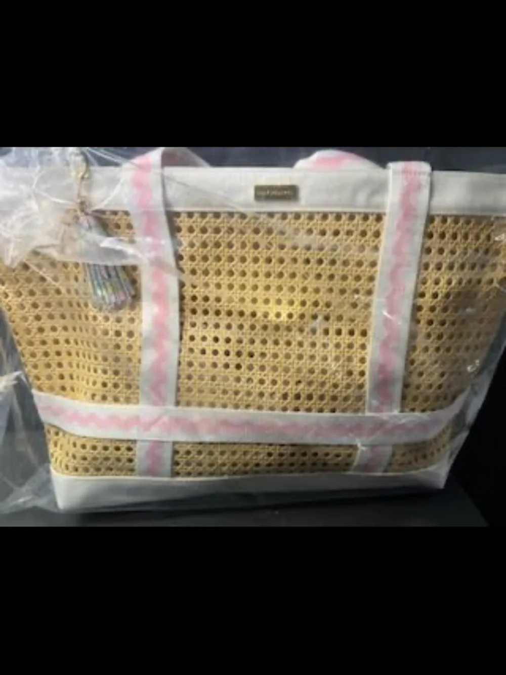 New Lilly Pulitzer Natural Woven Large Travel Tote with Pink & White Trim - Picture 11 of 13